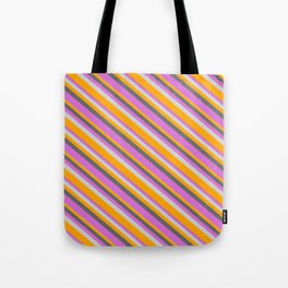 [ Thumbnail: Dim Gray, Orchid, Light Gray & Orange Colored Lined Pattern Tote Bag ]