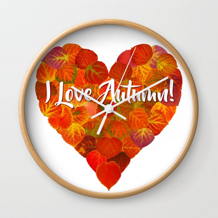 I Love Autumn!—Red Aspen Leaf Heart 1 Wall Clock