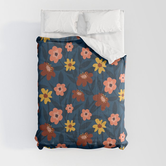 Ditsy Floral Pattern on Dark Blue Comforter