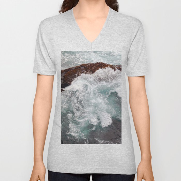 Blue Waves And Red Rocks Ocean Sea V Neck T Shirt