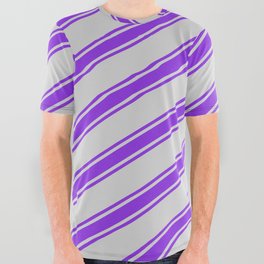 [ Thumbnail: Light Grey & Purple Colored Lined Pattern All Over Graphic Tee ]