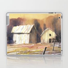Weathered barns in field colorful watercolor painting.  Barn landscape painting watercolor Laptop Skin