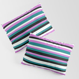 [ Thumbnail: Orchid, Teal, Black, and Mint Cream Colored Striped/Lined Pattern Pillow Sham ]