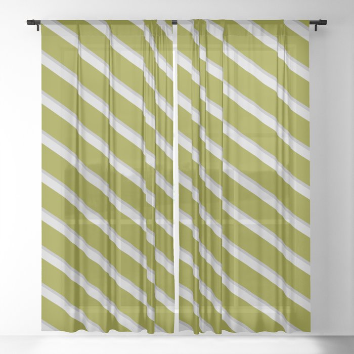 Dark Gray, Light Grey & Green Colored Striped Pattern Sheer Curtain