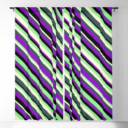 [ Thumbnail: Light Green, Light Yellow, Dark Slate Gray, Dark Violet, and Black Colored Lines/Stripes Pattern Blackout Curtain ]