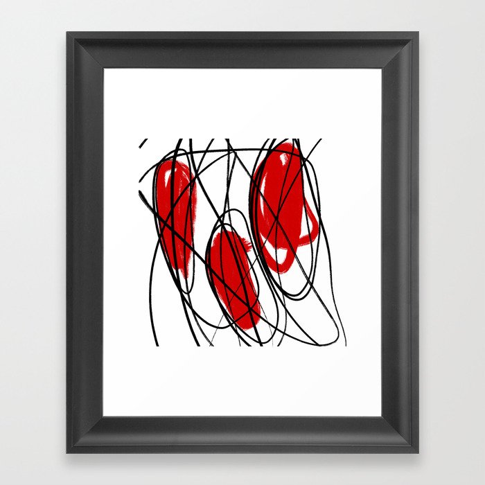 Three Circle Red, Black, and White Minimalist Abstract Linear Dot Painting Framed Art Print