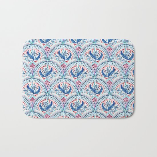 Art Deco Fresco in Cool Mediterranean Blue and Red Bath Mat