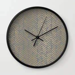Herringbone, Boho, Mudcloth Pattern, Grey and Gold Wall Clock