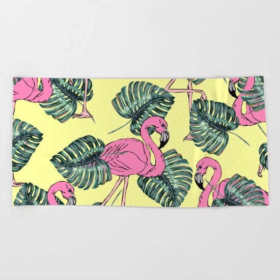 tropical leaves with flamingo Beach Towel