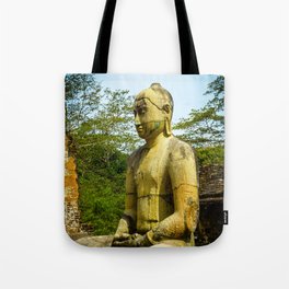 Buddha statue seated around stupa of The Polonnaruwa Vatadage Tote Bag