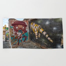 Dark dystopian graffiti in Alfama, Lisbon, Portugal - urban streetart, street and travel photography Beach Towel