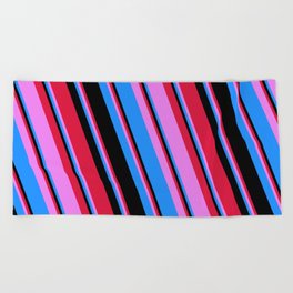 [ Thumbnail: Crimson, Violet, Blue & Black Colored Lines/Stripes Pattern Beach Towel ]