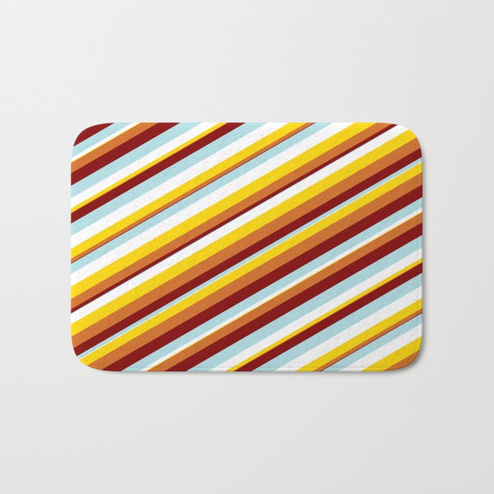 Vibrant Powder Blue, White, Yellow, Chocolate, and Maroon Colored Lines Pattern Bath Mat