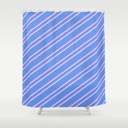 [ Thumbnail: Cornflower Blue, Violet, and Light Cyan Colored Lined Pattern Shower Curtain ]