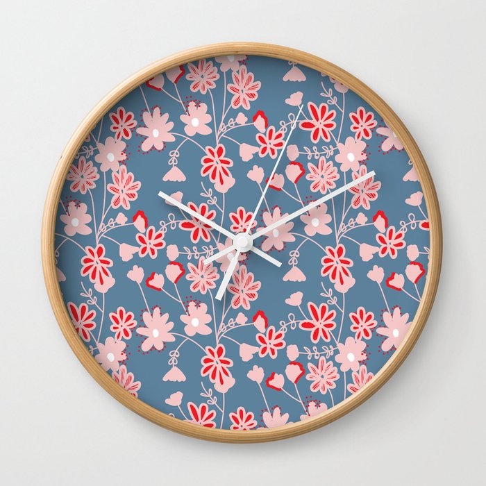 Red-Pink Flower Pattern Wall Clock