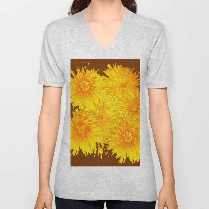 ABSTRACTED COFFEE BROWN   FIRST SPRING YELLOW DANDELIONS V Neck T Shirt