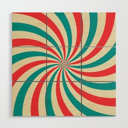 Retro background with curved, rays or stripes in the center. Rotating, spiral stripes. Sunburst or sun burst retro background. Turquoise and red colors. Vintage illustration Wood Wall Art