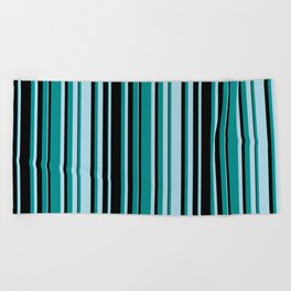 [ Thumbnail: Light Blue, Dark Cyan & Black Colored Striped Pattern Beach Towel ]