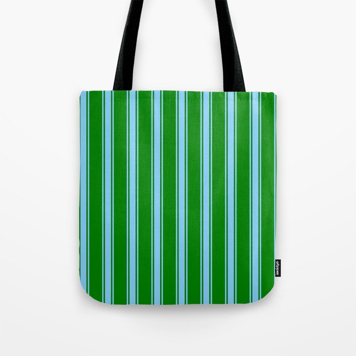 Green and Light Sky Blue Colored Striped Pattern Tote Bag