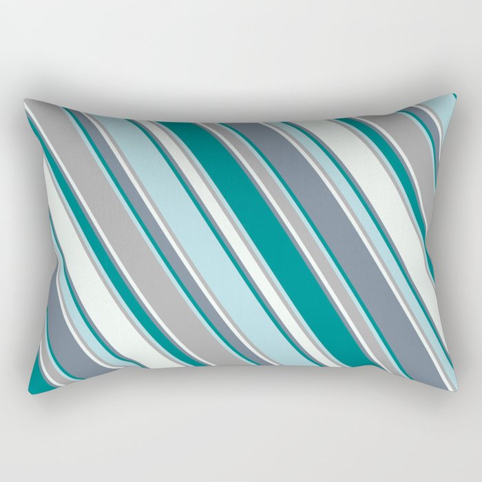Slate Gray, Teal, Powder Blue, Dark Grey, and Mint Cream Colored Lines/Stripes Pattern Rectangular Pillow