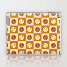 70s Retro Smiley Face Tile Pattern in Yellow & Beige Laptop Skin