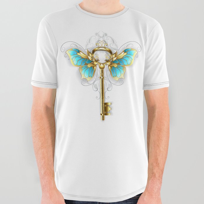 Golden Key with Butterfly Wings All Over Graphic Tee