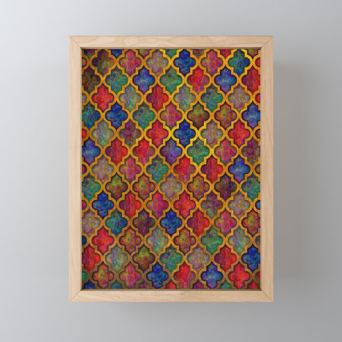 Moroccan tile red blue green iridescent pattern Framed Mini Art Print