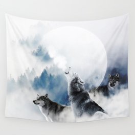 Winter Wolves, Wildlife Wolf Wild Dogs, Snow Full Moon Animals Photography Love Digital Art Wall Tapestry