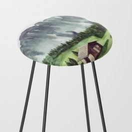 Green Nature Landscape With House And Mountain Watercolor Counter Stool