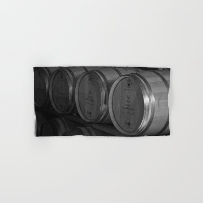 Vineyard wine barrel room with stacks of wine barrels black and white photograph - photography - photographs Hand & Bath Towel