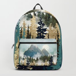Misty Pines Backpack | Moon, Abstract, Wilderness, Pines, Wanderlust, Mist, Digital, Bohemian, Blue, Contemporary 