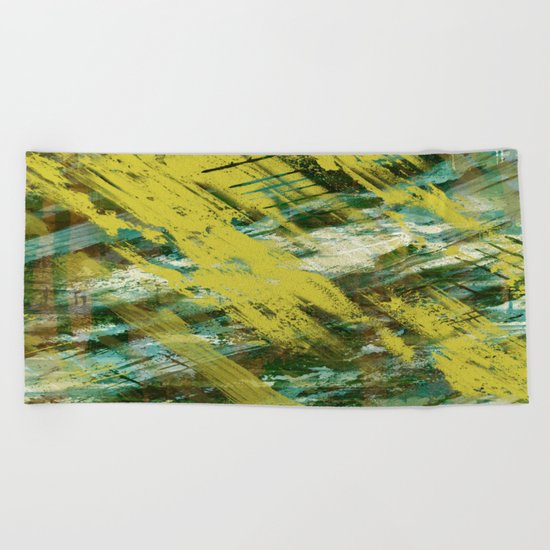 Hidden Meaning - Abstract, oil painting in yellow, green, blue, white and brown Beach Towel