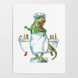 T-rex taking bath dinosaur painting Poster