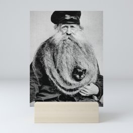 Kitten in the Beard of Old Man black and white photograph Mini Art Print