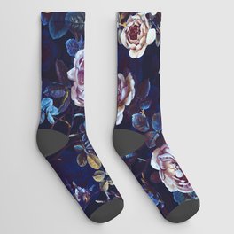 Vintage Botancial Blue Moonlight Midnight Roses Garden Socks