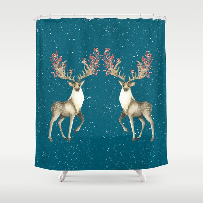 Deers With Birds Teal #society6 #buyart Shower Curtain