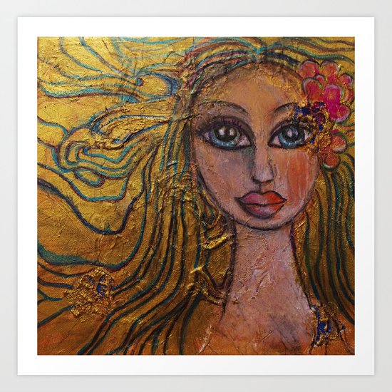 Golden Dawn Big Eyed Girl Female Portrait Painting by Garden Of Delights Art Print