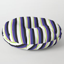 [ Thumbnail: Eyecatching Chartreuse, Orchid, Midnight Blue, Black, and White Colored Lines/Stripes Pattern Floor Pillow ]