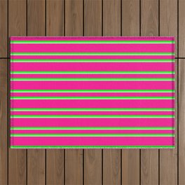 [ Thumbnail: Deep Pink, Lime & Green Colored Pattern of Stripes Outdoor Rug ]