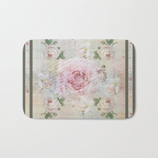 Romantic vintage roses and French handwriting Bath Mat