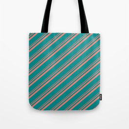 [ Thumbnail: Salmon and Dark Cyan Colored Lined/Striped Pattern Tote Bag ]
