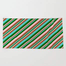 [ Thumbnail: Turquoise, Dark Green, Pink, and Sienna Colored Lines Pattern Beach Towel ]