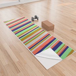 [ Thumbnail: Midnight Blue, Red, Light Grey, Dark Goldenrod & Light Green Colored Lined/Striped Pattern Yoga Towel ]