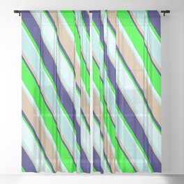 [ Thumbnail: Eye-catching Light Cyan, Turquoise, Tan, Midnight Blue & Lime Colored Striped Pattern Sheer Curtain ]