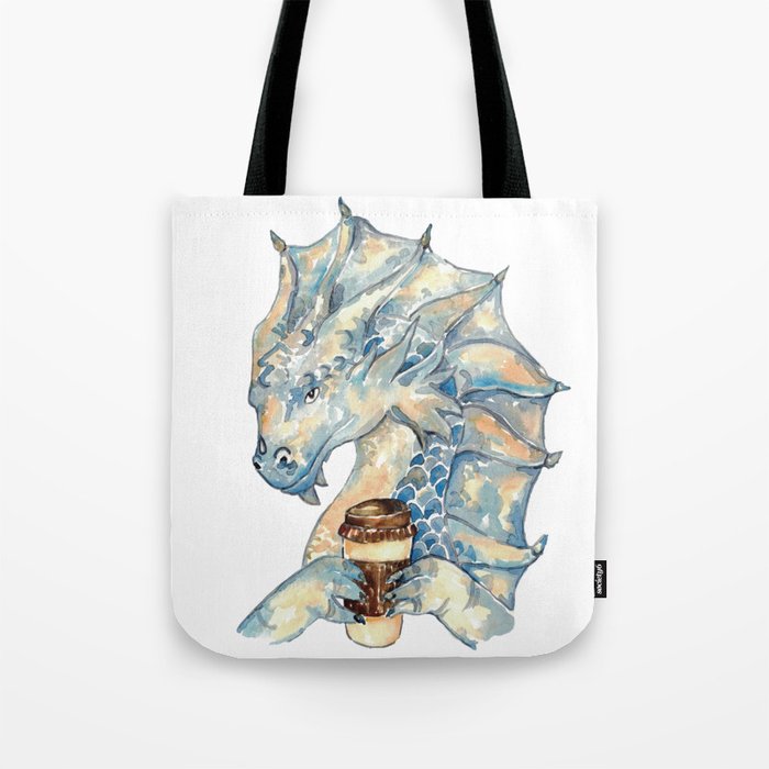 Dragon drinking coffee painting watercolour Tote Bag