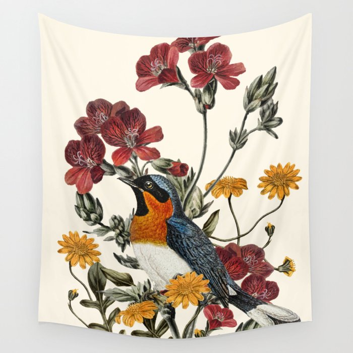 Little Bird and Flowers Wall Tapestry