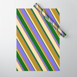[ Thumbnail: Medium Slate Blue, Dark Goldenrod, Tan, and Dark Green Colored Lined Pattern Wrapping Paper ]