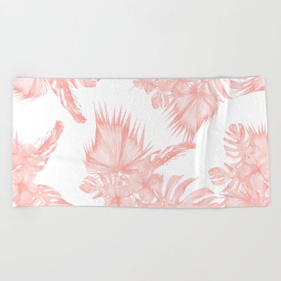 Tropical Hibiscus and Palm Leaves Coral White Beach Towel