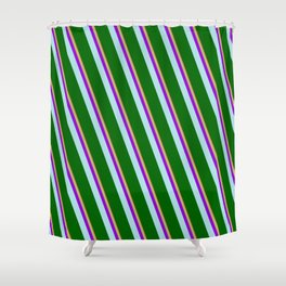 [ Thumbnail: Brown, Dark Khaki, Dark Violet, Powder Blue, and Dark Green Colored Lined/Striped Pattern Shower Curtain ]