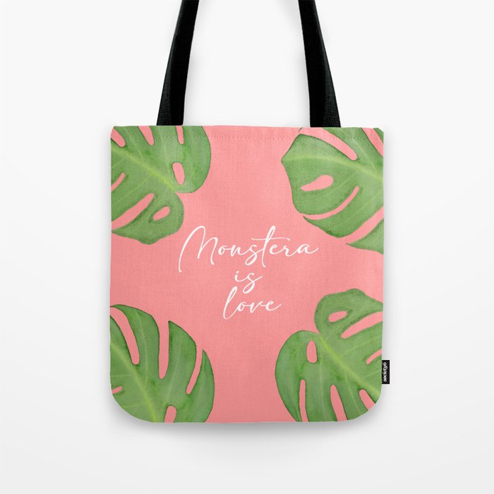 Monstera is Love Artwork with coral pink Background Tote Bag